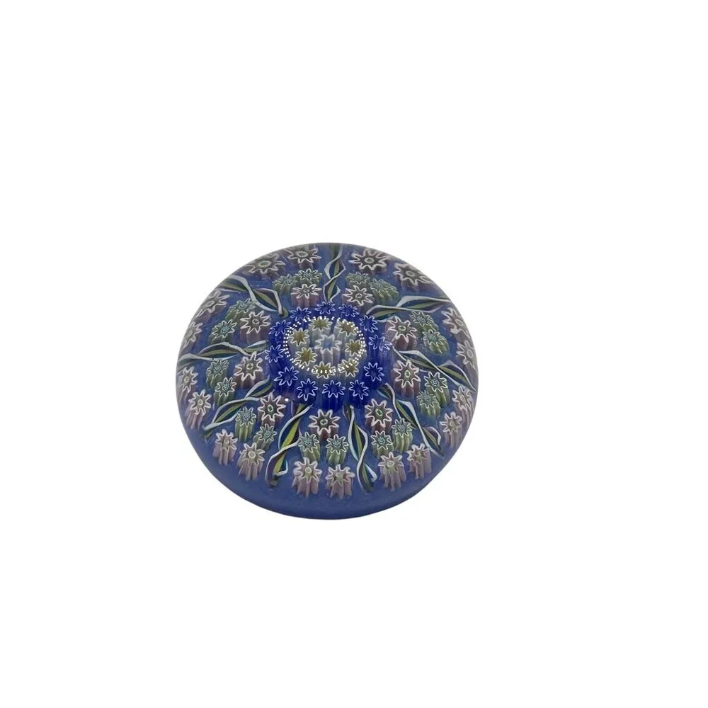Vintage Millefiori Glass Paperweight With Intricate Floral Design & Vibrant Blue - Picture 2 of 3